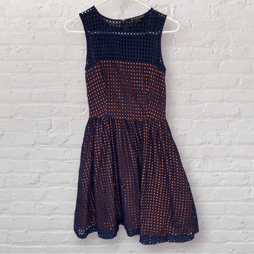 French Connection Navy Blue & Coral Eyelet Fit & Flare A-Line Dress Size 0